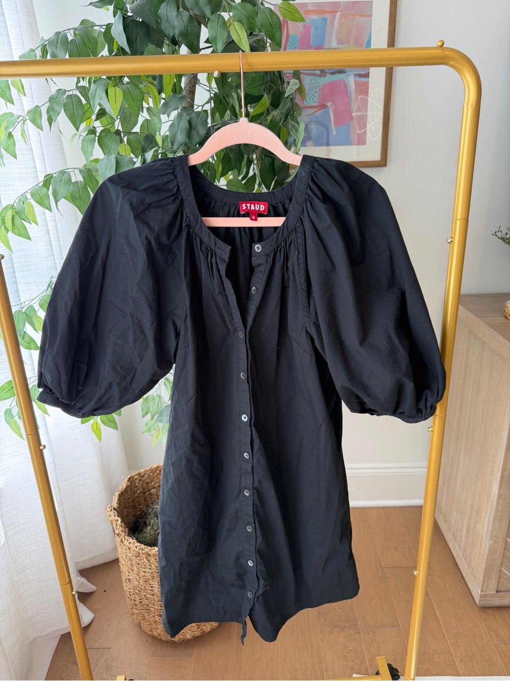 STAUD Black Puff-Sleeve Button-Front Tunic